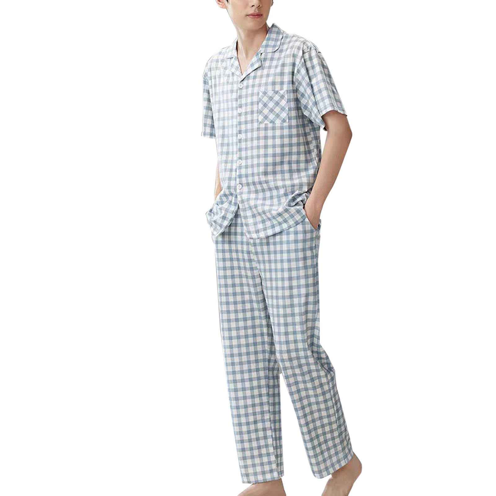 Jgppe Mens Lounge Set Soft Short Sleeve Button down Shirt with Chest Pockets and Wide Leg Pants Pajamas Sleepwear